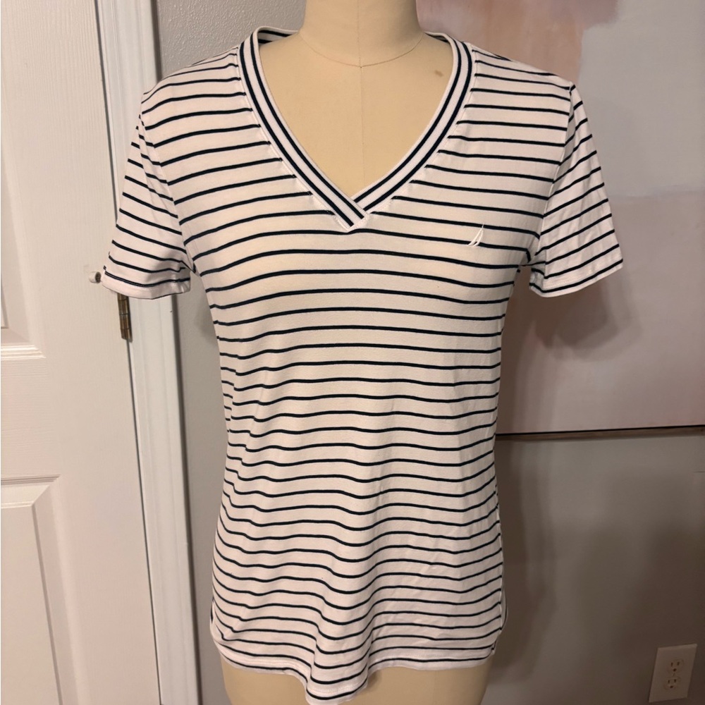 Nautica Black and White Striped V-Neck Tee